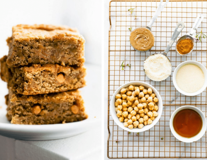 Side view three cinnamon chickpea blondies stacked up on each other on white plate; all ingredients for blondies in small bowls and measuring cups.