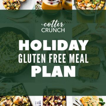 titled photo collage with recipe photos for a holiday gluten free meal plan.