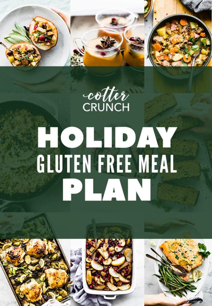 titled photo collage with recipe photos for a holiday gluten free meal plan.