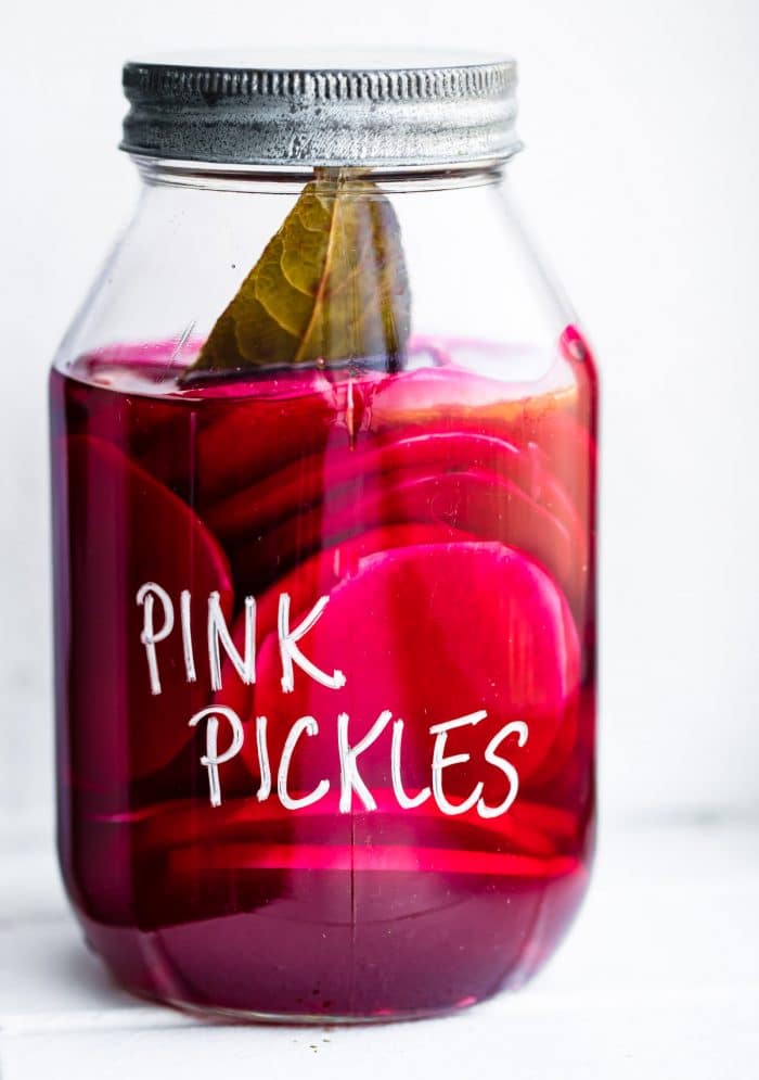 labeled jar of pink pickles