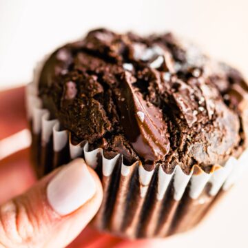 woman's hand holding a Mexican chocolate vegan muffin