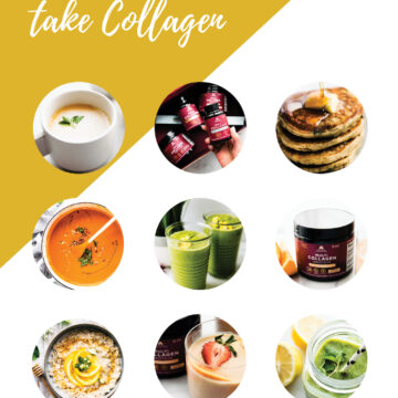 graphic on how to use collagen every day. 9 circle photos of soup, coffee, pancakes, supplements, oatmeal, and smoothies
