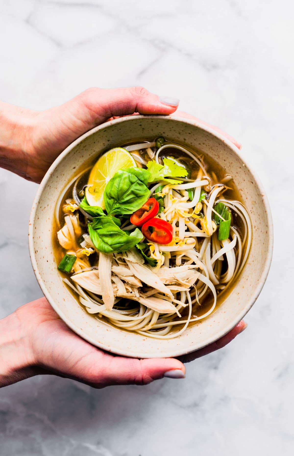 A woman's hands holding a bowl of gluten free chicken pho ga with rice noodles.