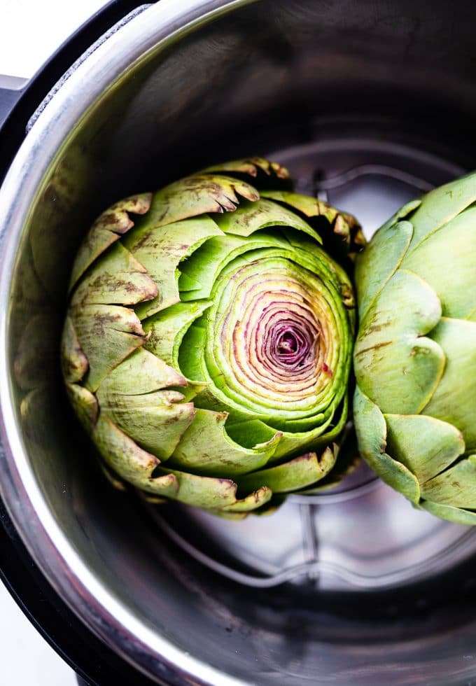 Two uncooked artichokes in an Instant Pot.