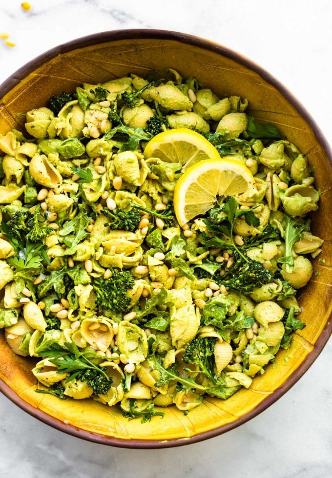 Overhead image of green goddess pasta salad in a bowl