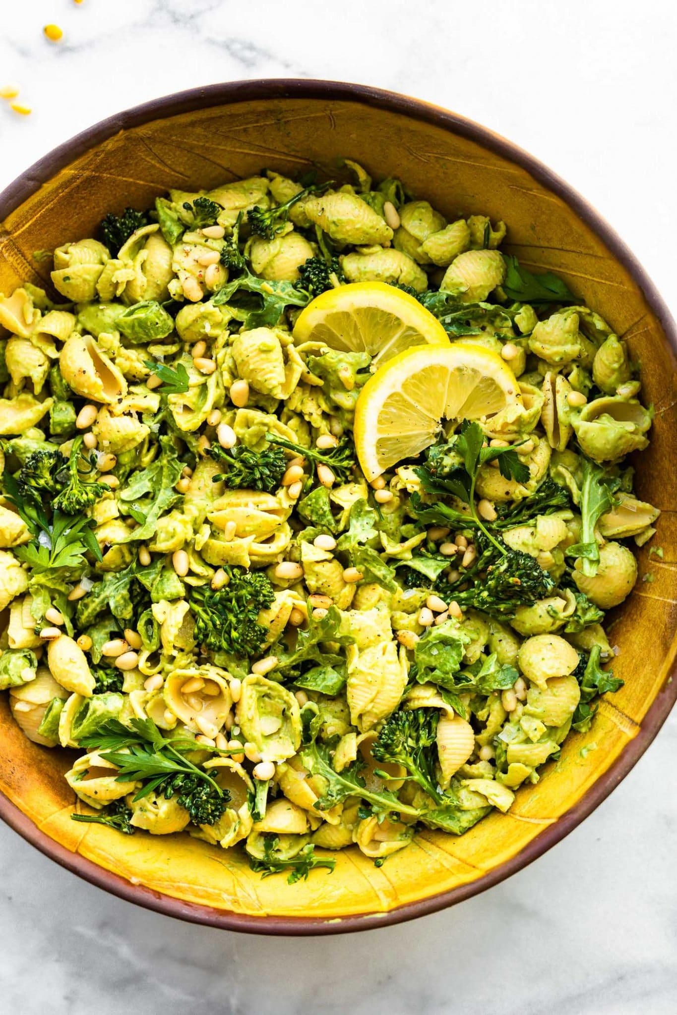 Overhead image of green goddess pasta salad in a bowl