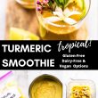 collage of turmeric smoothie. Blender shot overhead of ingredients, golden milk brewed in pan, golden smoothie in glass with flowers and mint.