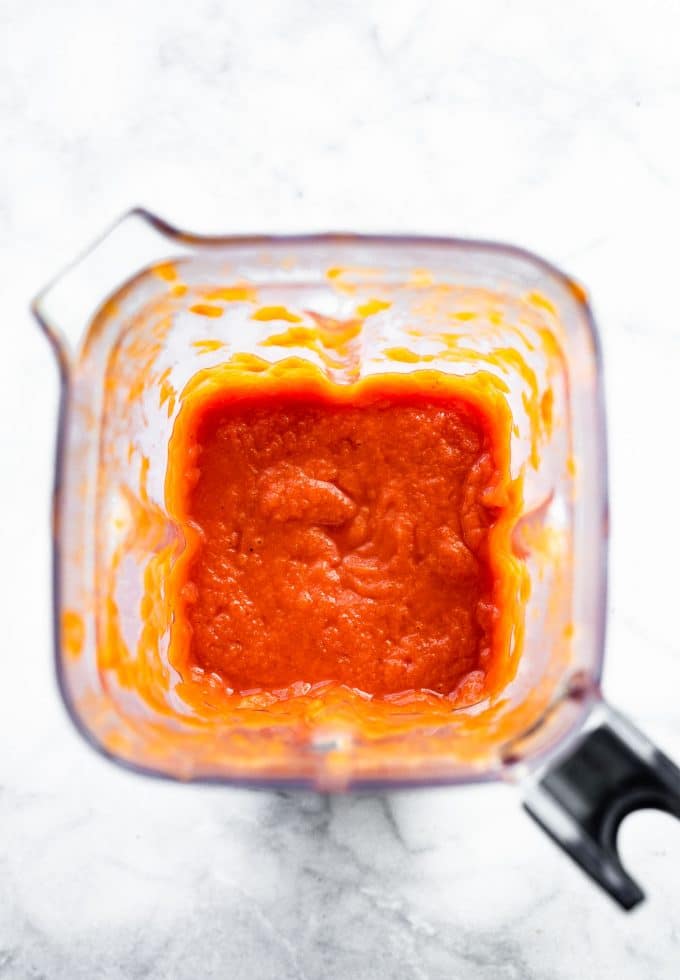 Overhead image of sriracha meatball sauce in a blender.