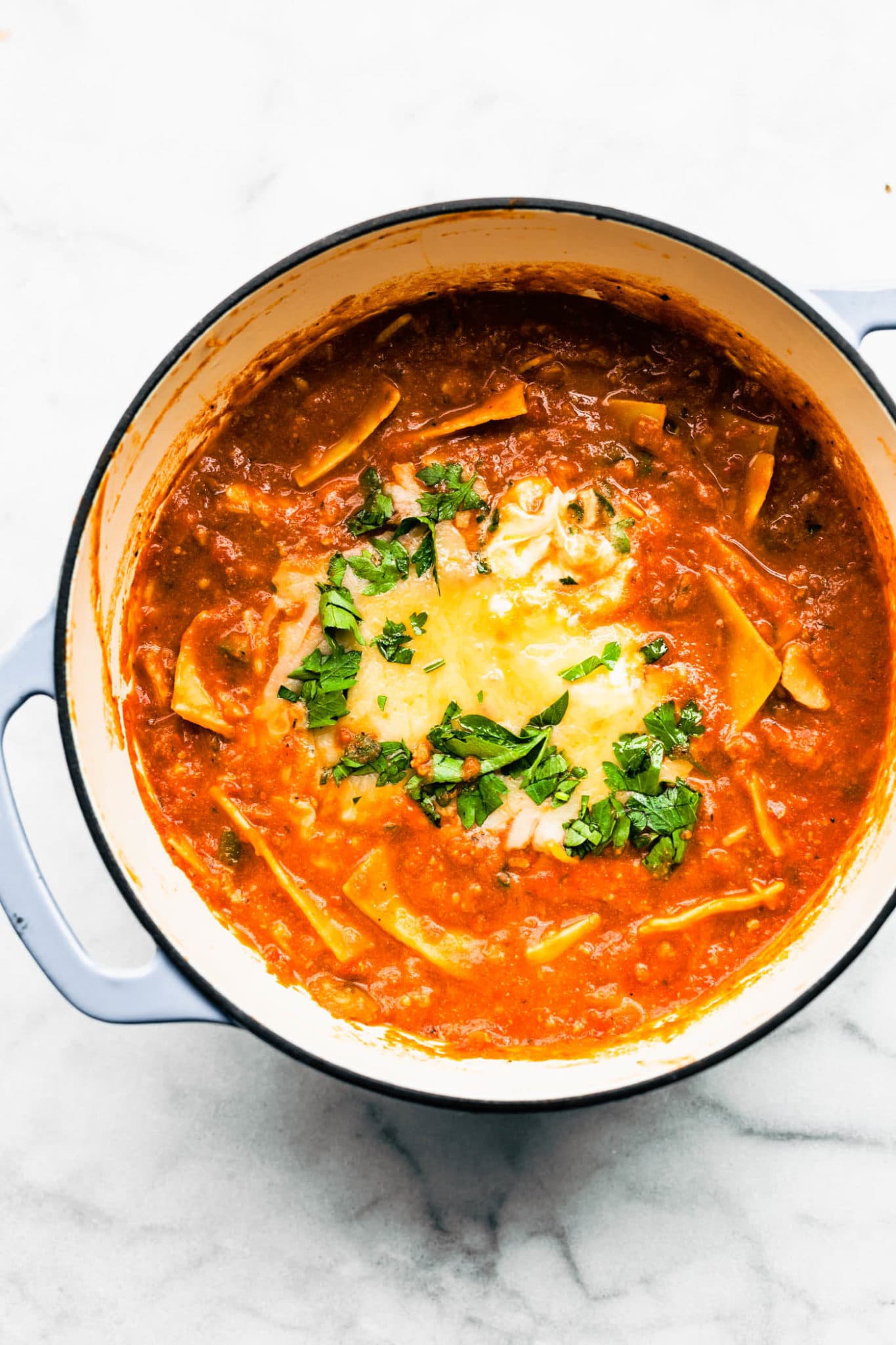 Gluten Free Lasagna Noodle Soup in a pot with cheese and herbs as toppings