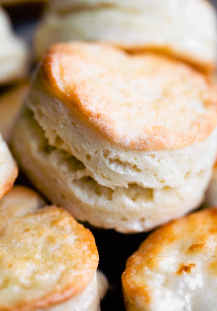 close up image of fluffy gluten free buttermilk biscuits