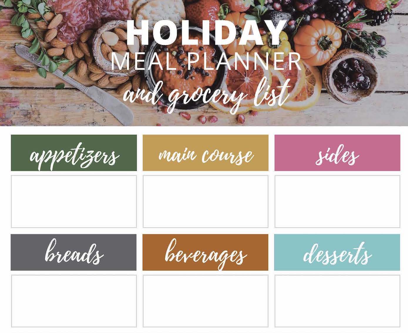 A colorful holiday meal planner and grocery list printable.