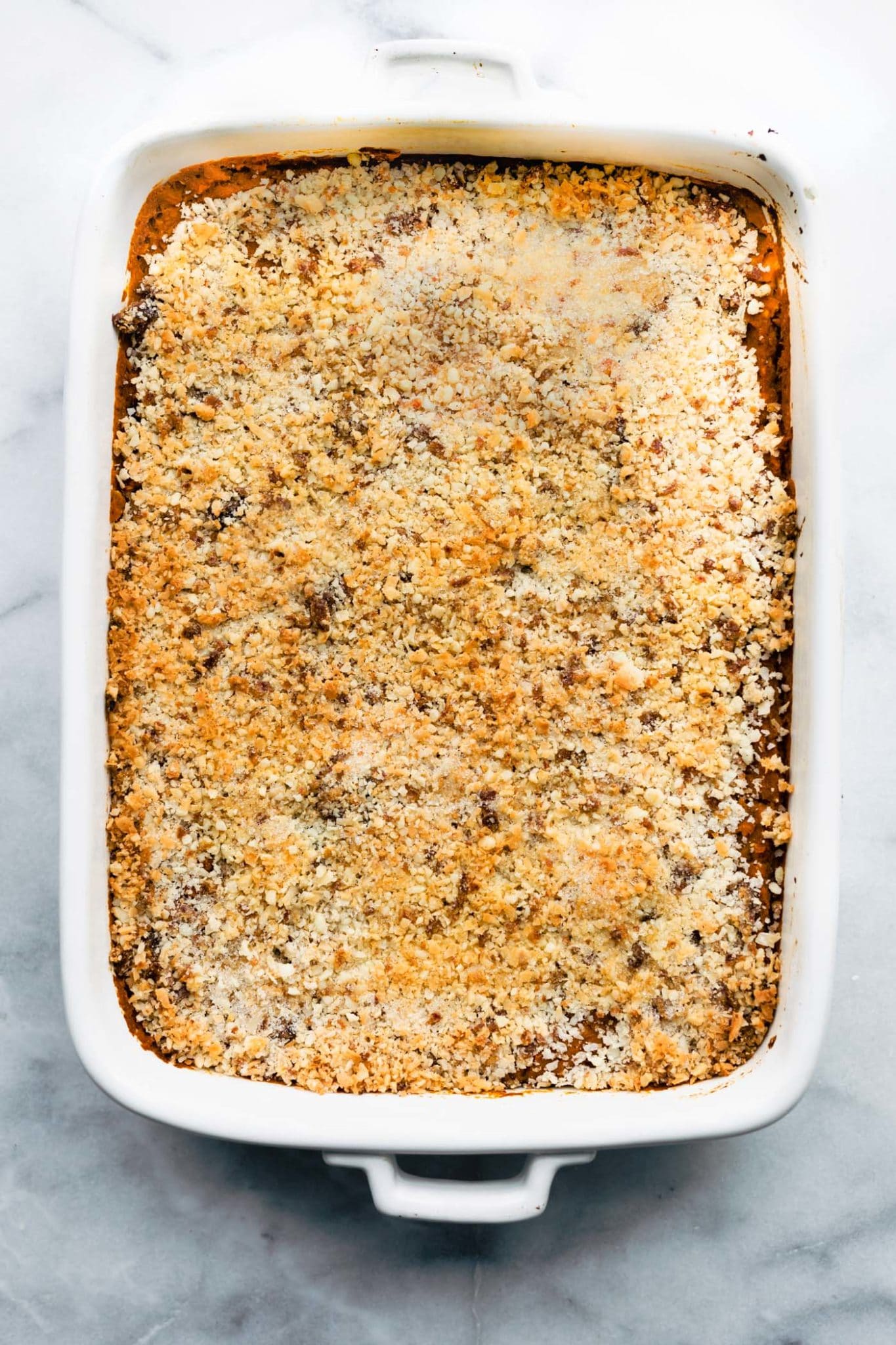 overhead image of baked vegan sweet potato casserole