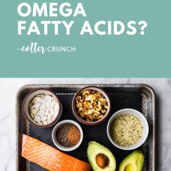 collage title - WHAT ARE OMEGA fatty acids in white with green background. Picture of salmon, nuts, avocado, and flax in bowls below
