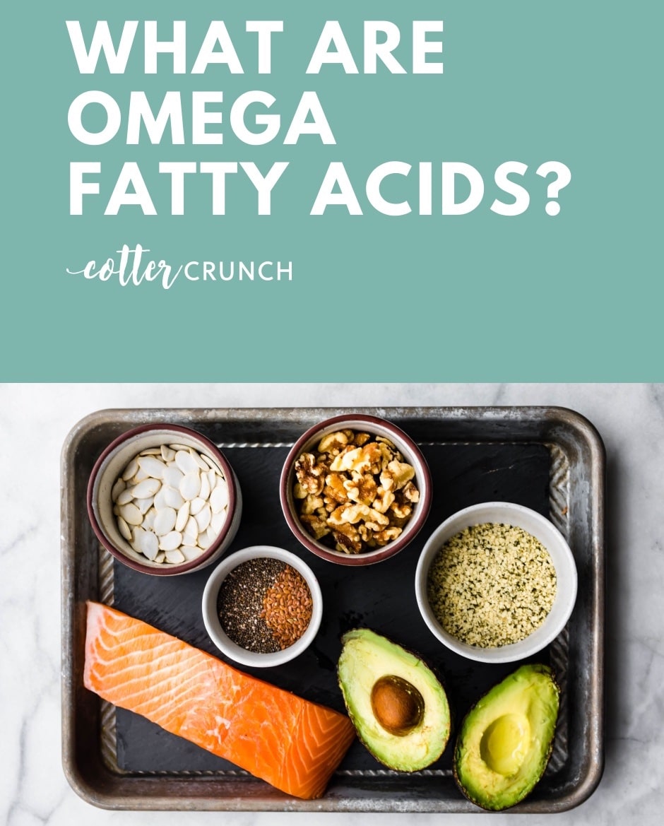 collage title - WHAT ARE OMEGA fatty acids in white with green background. Picture of salmon, nuts, avocado, and flax in bowls below