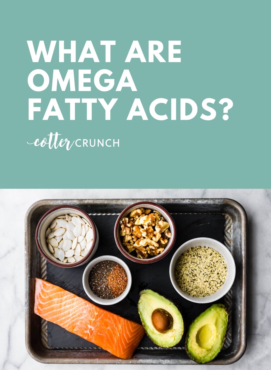 collage title - WHAT ARE OMEGA fatty acids in white with green background. Picture of salmon, nuts, avocado, nuts/seed and flax in bowls below