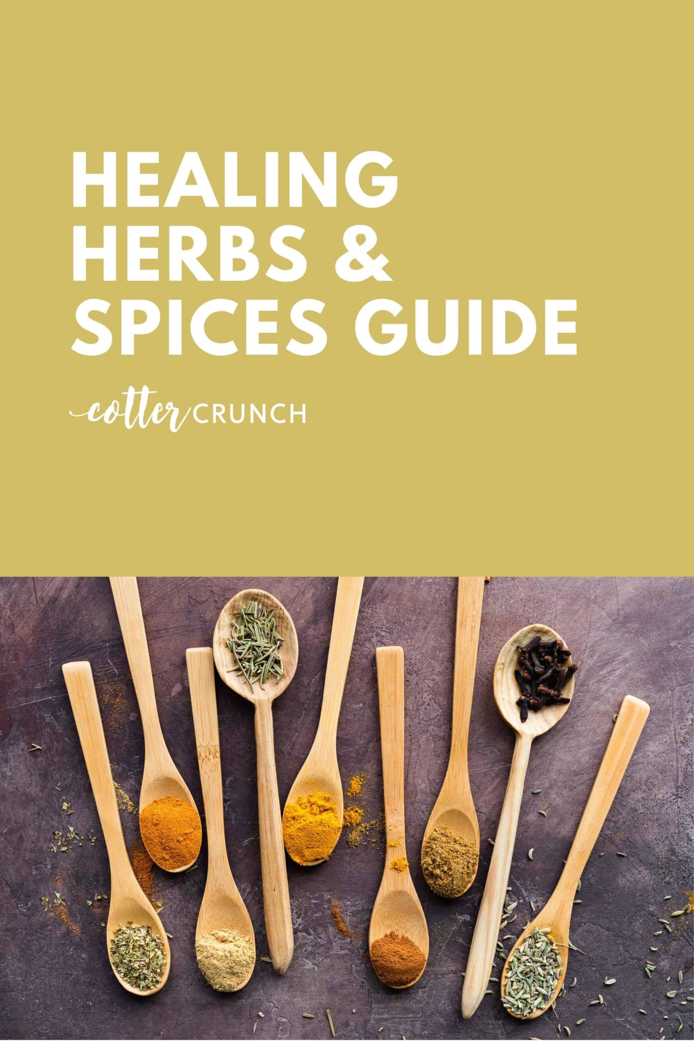 cover image reading Healing Herbs & Spices Guide with herbs and spices in wooden spoons