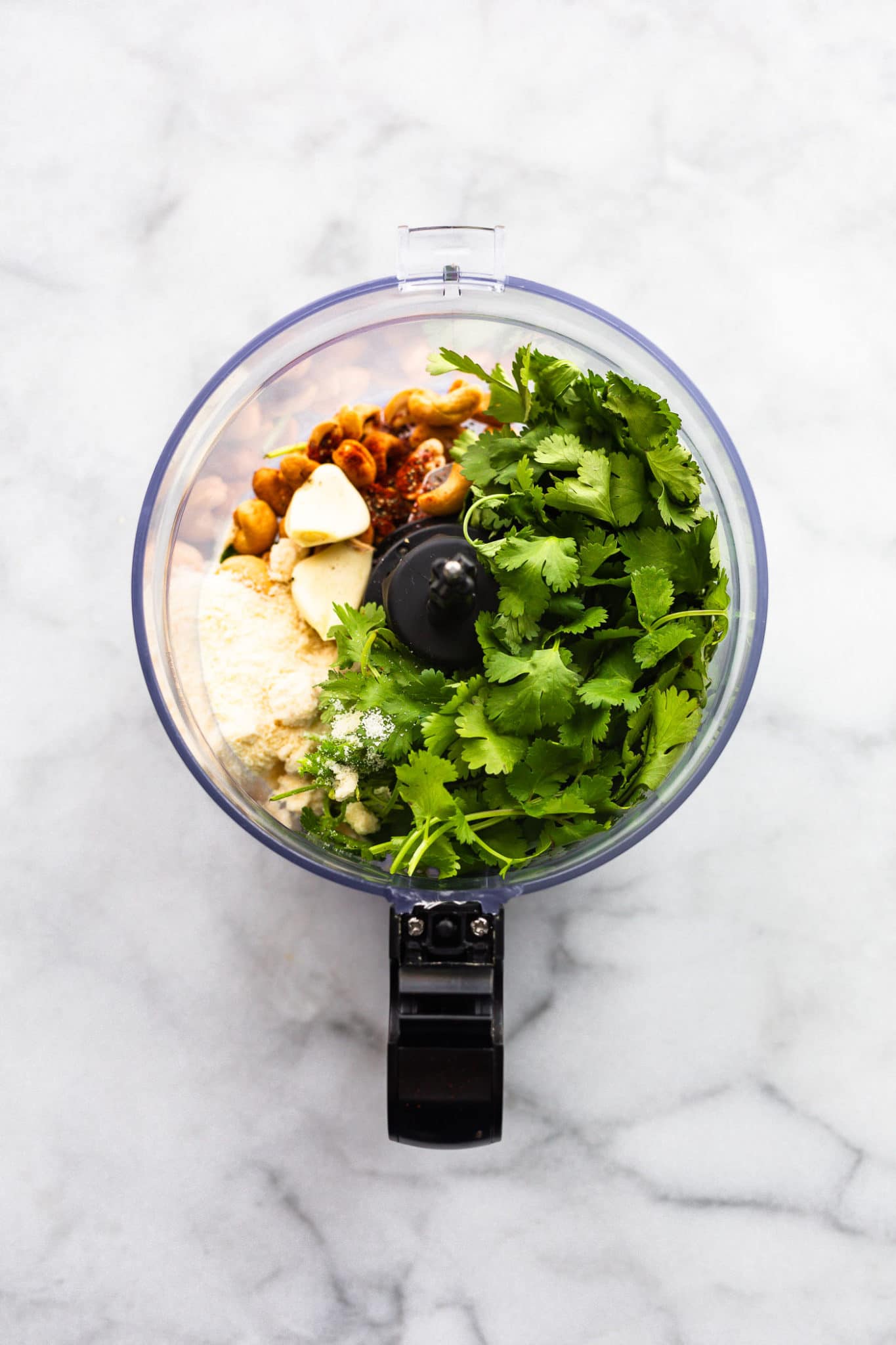 an overhead image of a food processor filled with unblended ingredients for cilantro pesto including cilantro, raw cashews, garlic cloves, and grated Parmesan