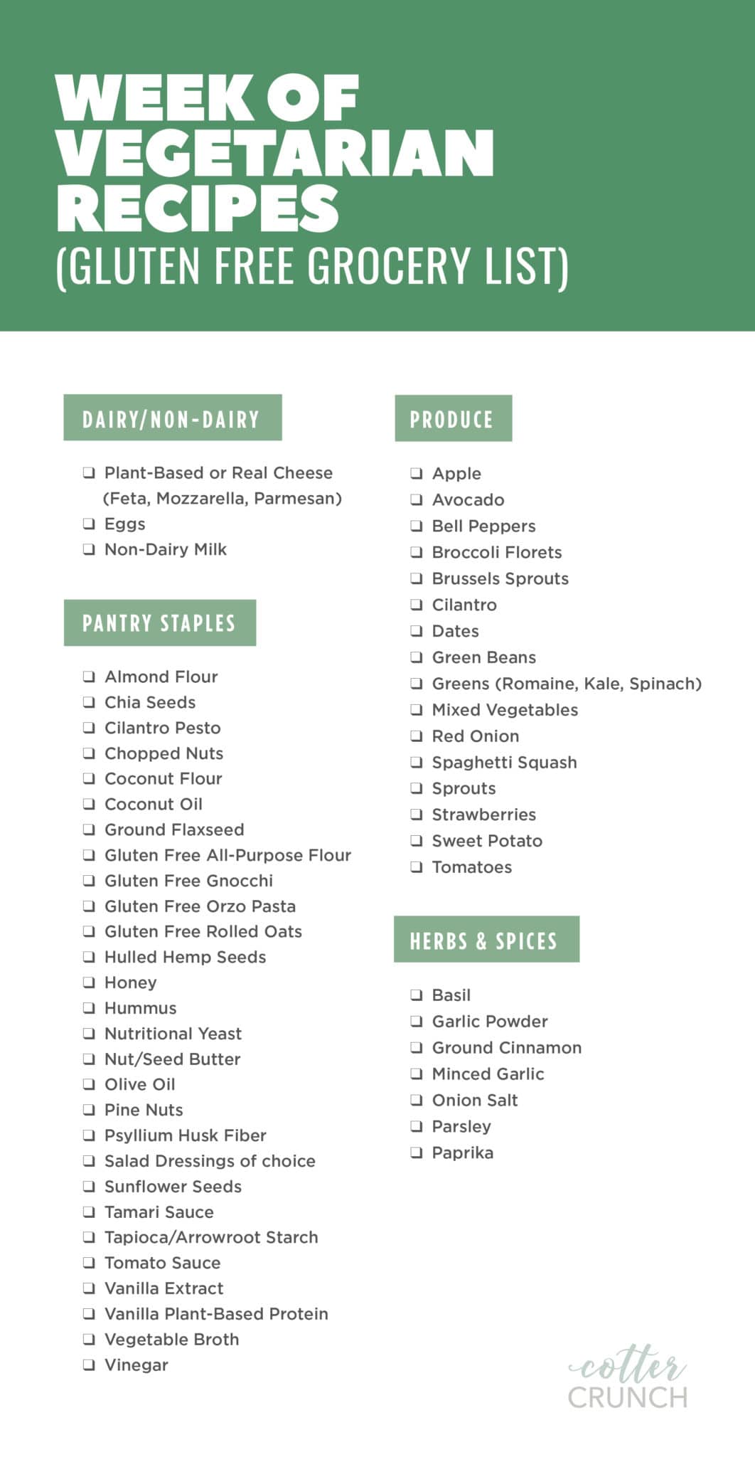 full grocery list for a weekly meal plan of vegetarian recipes