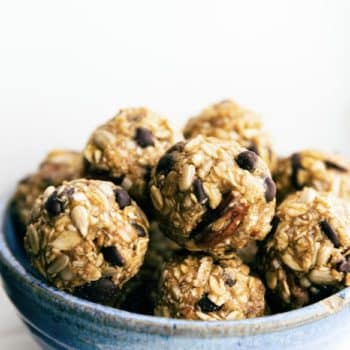 a bowl full of no bake cowboy cookie energy bites