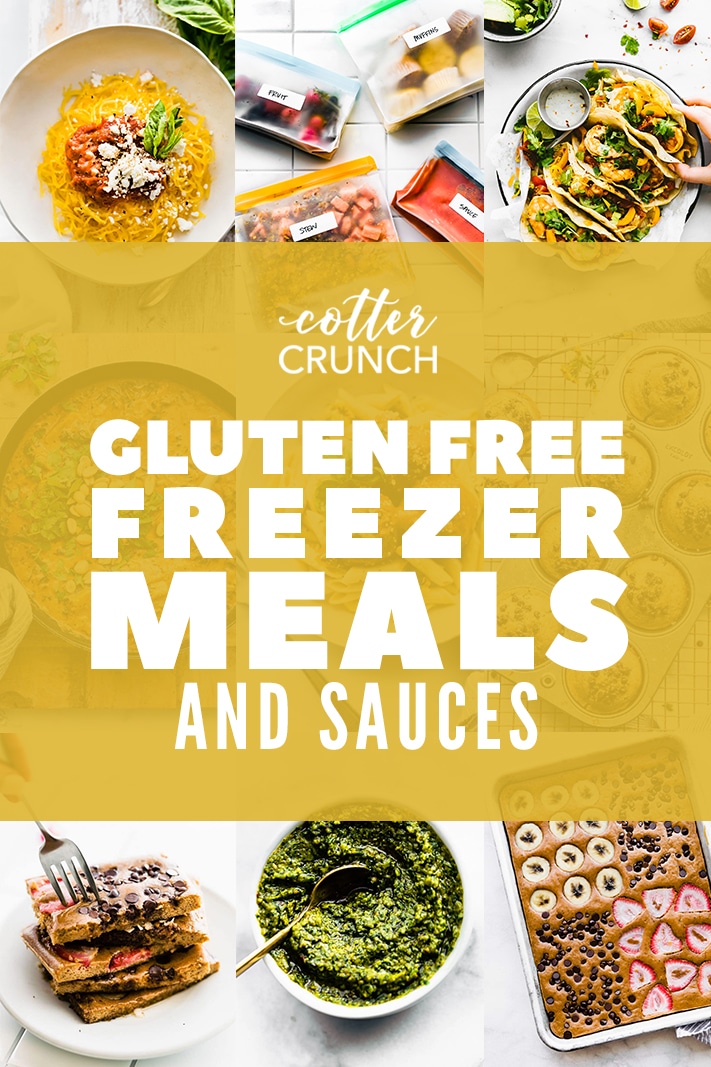 Gluten Free Freezer Meals and Sauces banner with various images of recipes in the background including sheet pan pancakes, pesto, spaghetti squash spaghetti, smoothie packs, and shrimp tacos