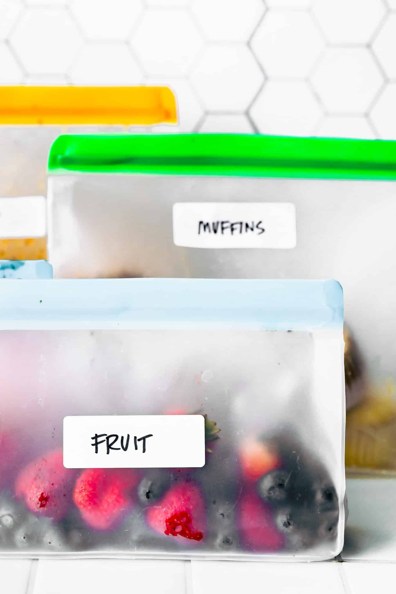 freezer bags labeled fruit and muffins