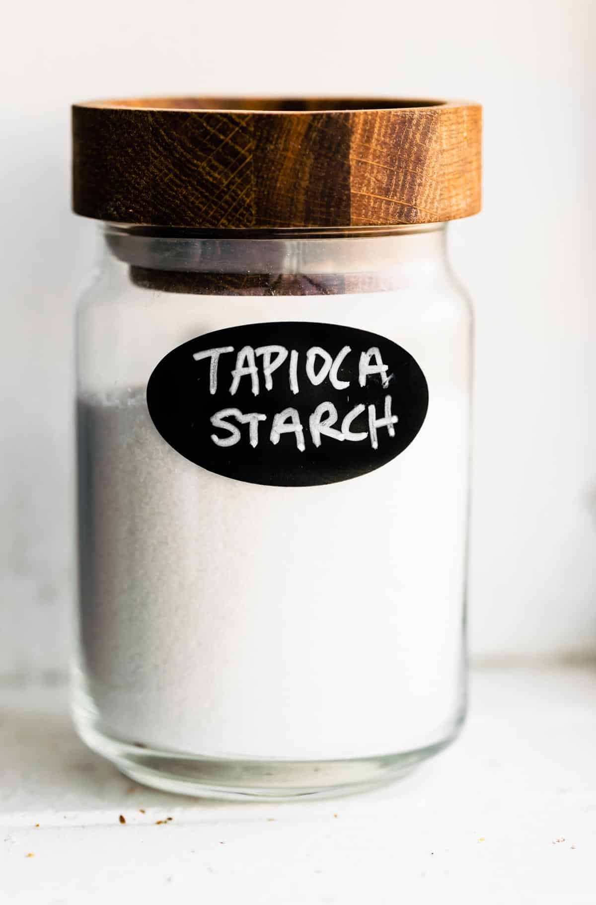 a glass jar labeled tapioca starch