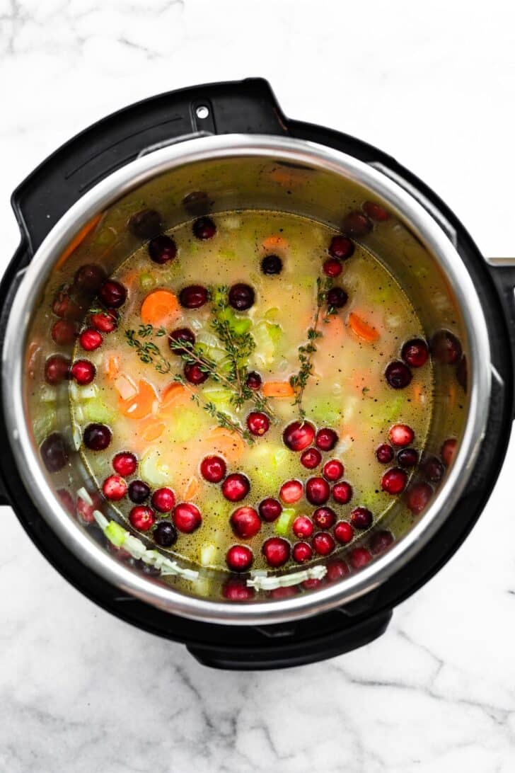 overhead image of an instant pot full of vegetables, herbs, cranberry, and broth