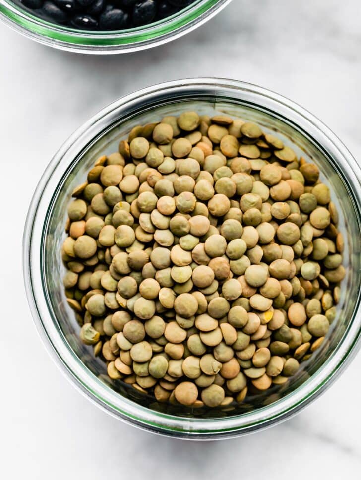 Overhead shot of Green Lentils in a glass jar
