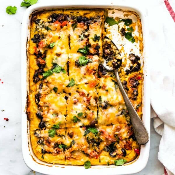 baked polenta with beans in a casserole dish