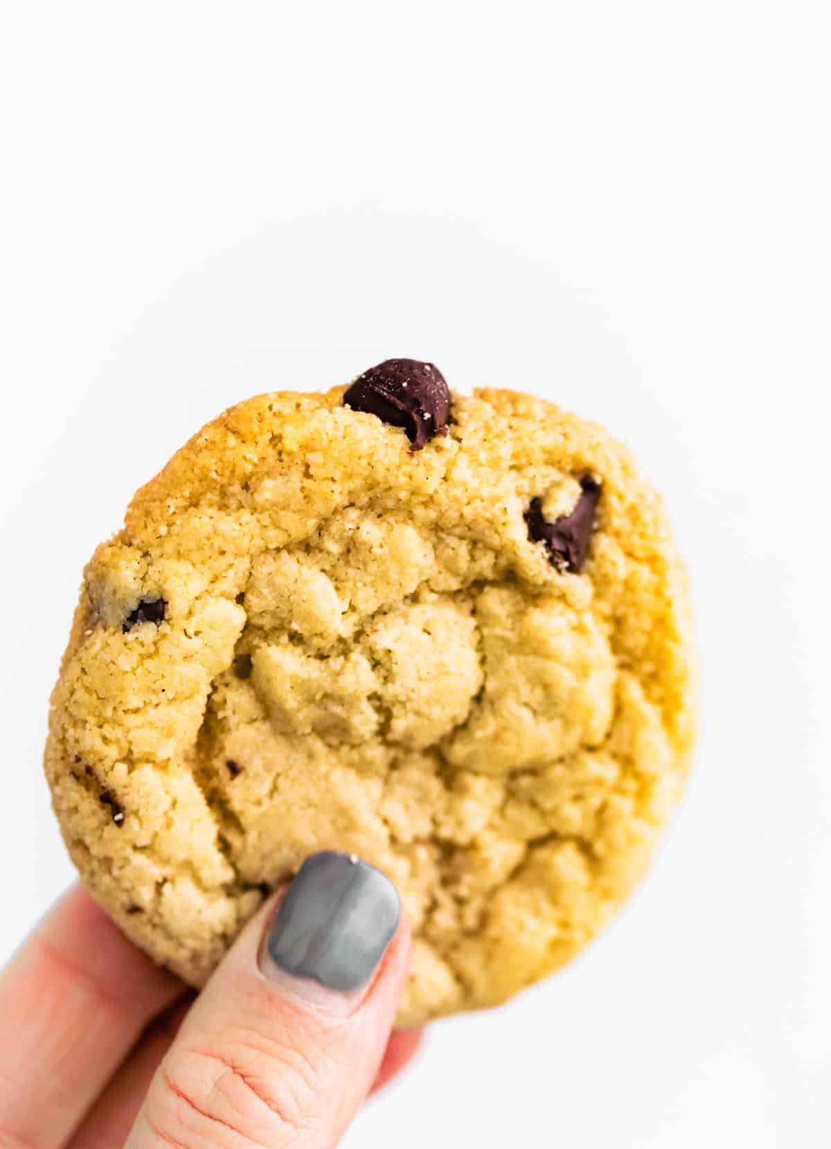 Womans hands holding up vegan chocolate chip cookie from side