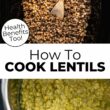 Overhead view slow cooker and Instant pot with cooked lentils