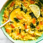 a bowl of curried cauliflower rice soup