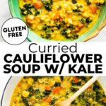 Overhead view servings of curried cauliflower kale soup