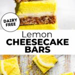 A stack of lemon cheesecake bars, top bar being lifted from stack.