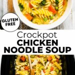 Chicken noodle soup in black slow cooker and served in white bowl