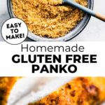 gluten free panko in small bowl with spoon, panko crusted baked chicken cut into thick slices.