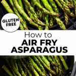 Air fryer asparagus seasoned with salt and pepper in air fryer basket