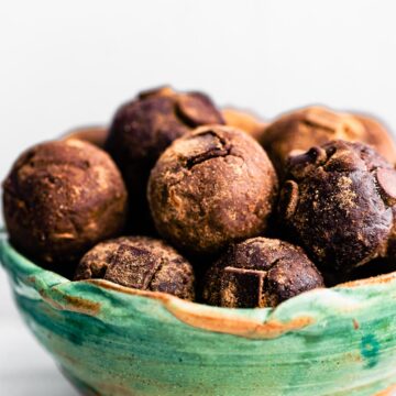 A bowl of chocolate nut-free protein balls.
