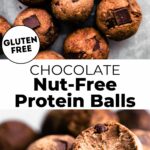 Chocolate nut-free protein balls with dark chocolate chunks rolled into balls on parchment paper