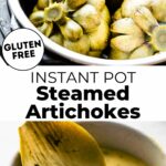 Steamed artichokes in instant pot; artichoke leaf in bowl of aioli