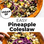 Overhead view pineapple coleslaw ingredients being tossed together in wooden bowl