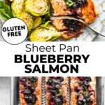 Blueberry salmon filets on sheet pan with roasted Brussels sprouts and plated with fork cutting into salmon