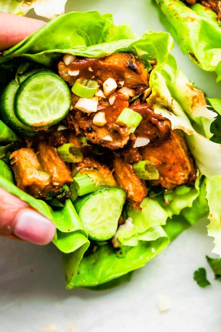 A hand holding a BBQ Asian pork lettuce wrap.