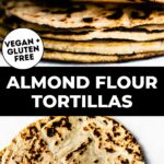 A Pinterest graphic with text and almond flour tortillas.