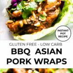 Two images of gluten free Asian BBQ lettuce wraps filled with pork loin ribs and fresh vegetables.