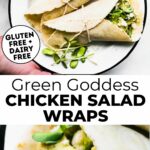 A graphic with green goddess chicken salad wraps and text.