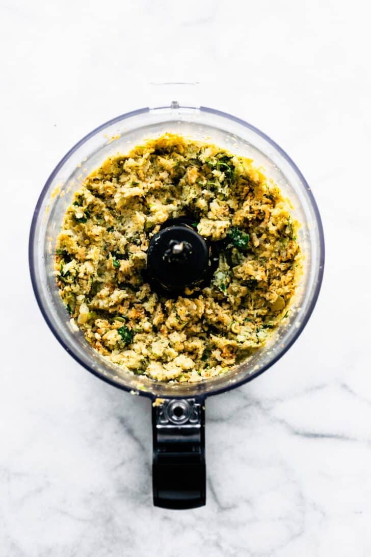 Roasted cauliflower and chickpeas blended in a food processor with herbs and spices.