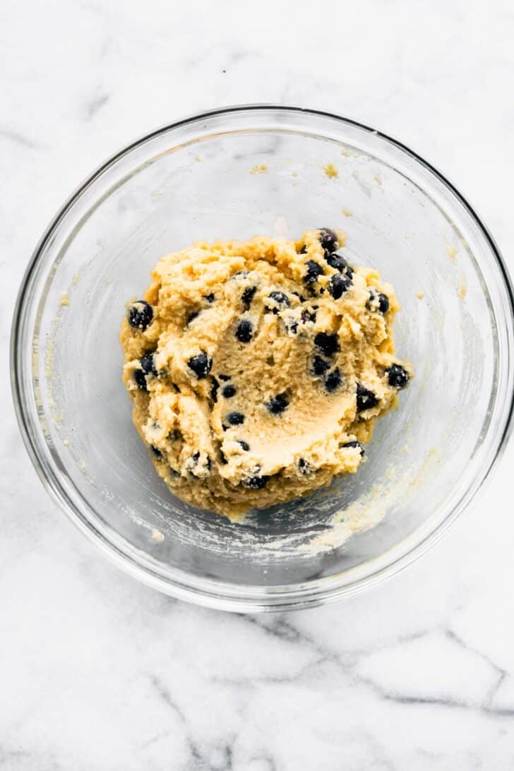 Almond flour blueberry buckle coffee cake batter in a bowl.