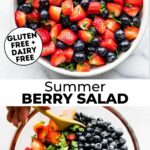 A long graphic with photos of a summer berry fruit salad with text.