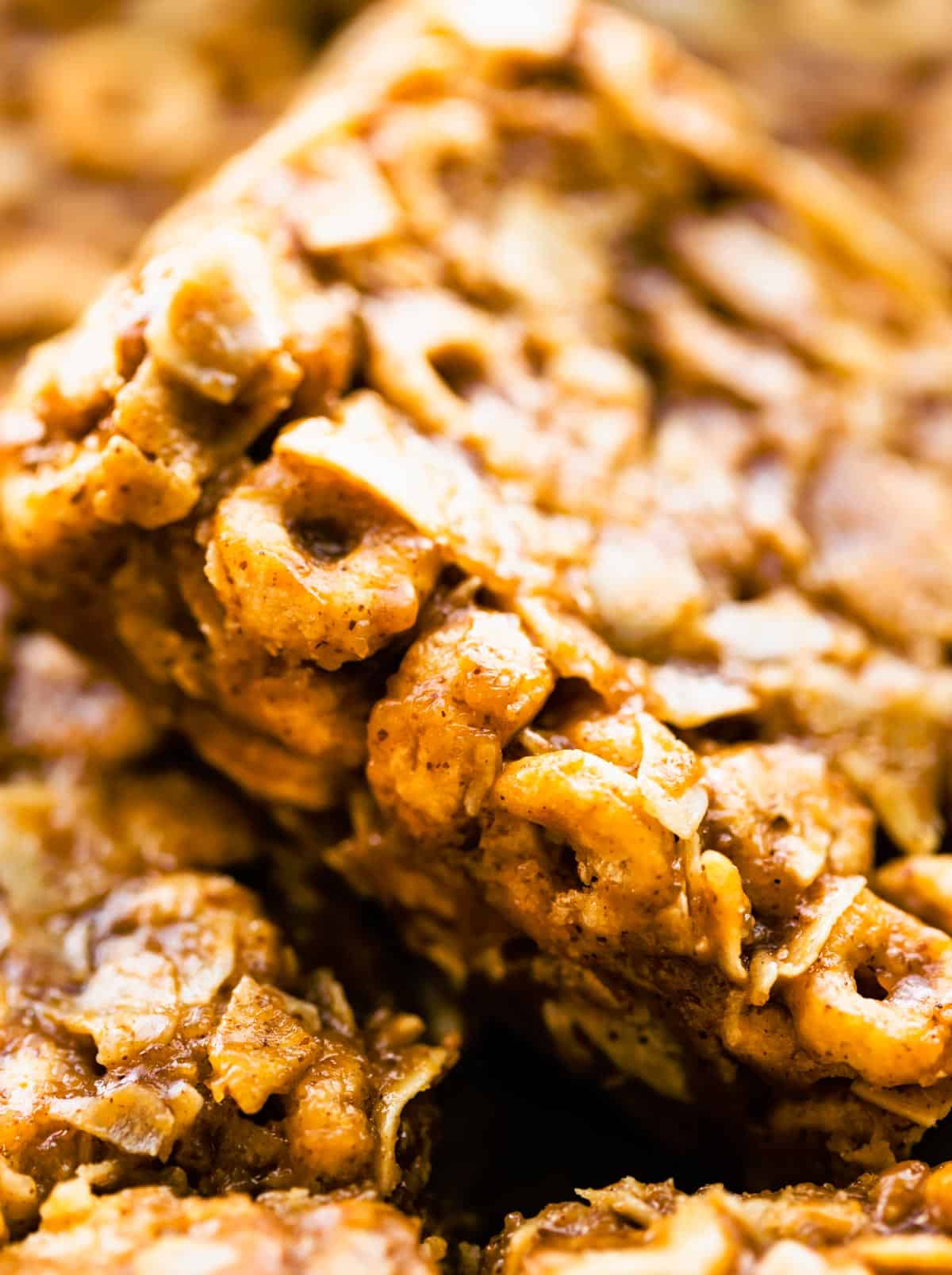 Up close shot of a gluten free no bake cereal bar.